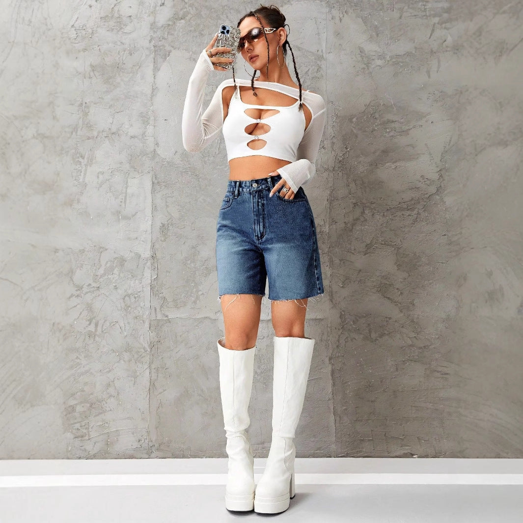 Navy Blue Denim Shorts With Freyed Hem
