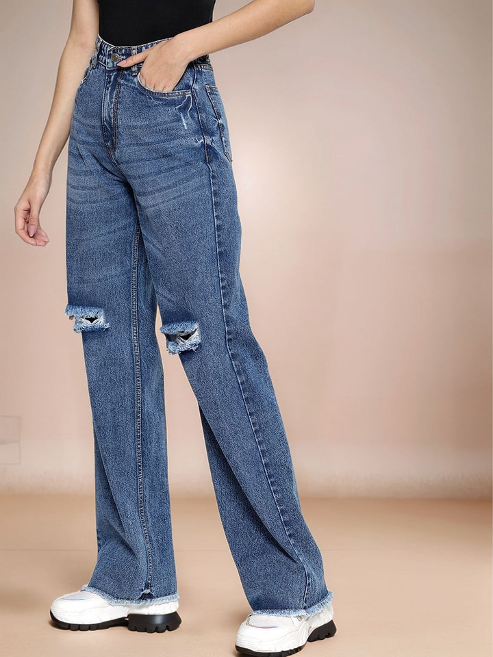 Blue High Waist Distress Effect Wide Leg Jeans