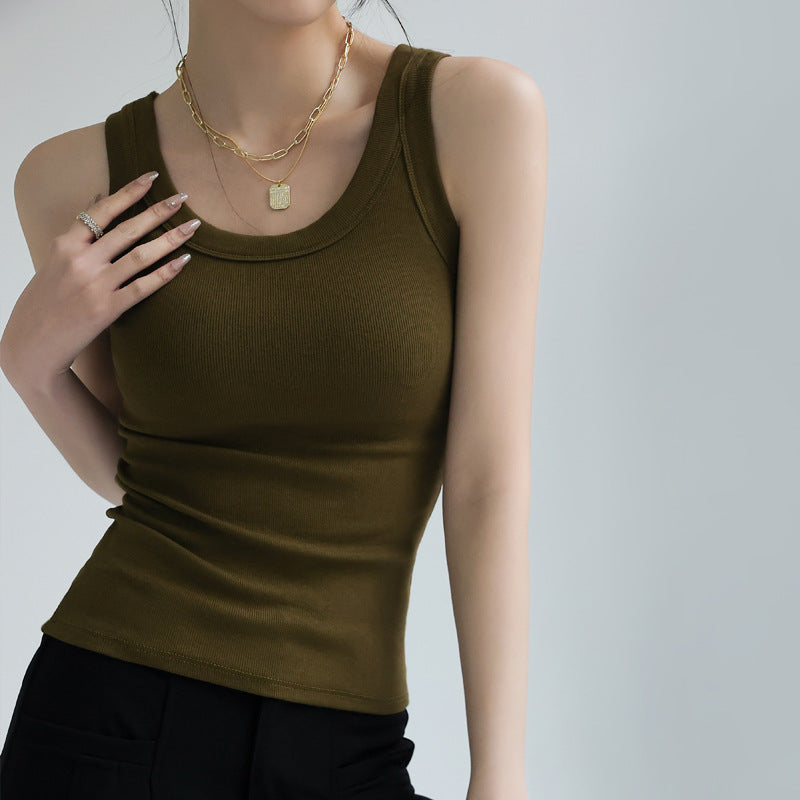 Brown Solid Ribbed Tank Top