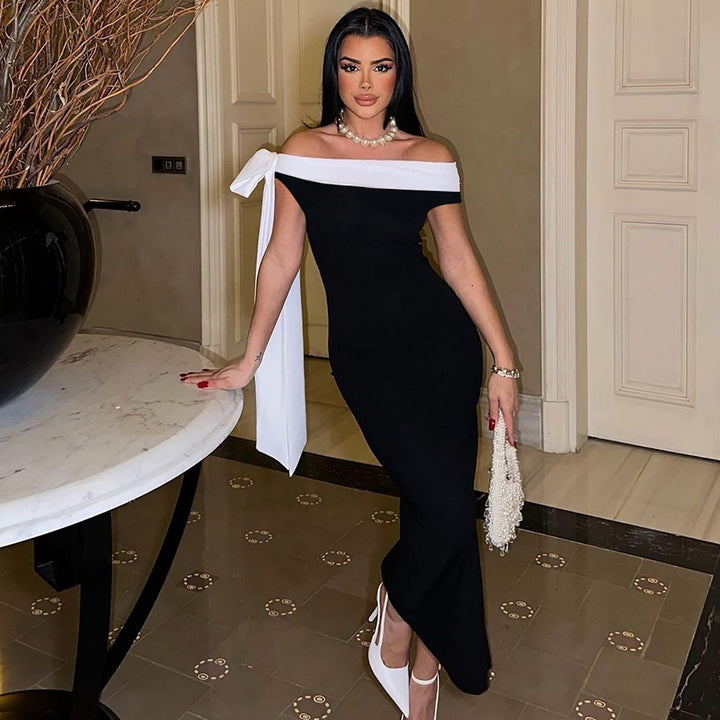 Black Off-Shoulder Maxi Dress With Contrast Neck