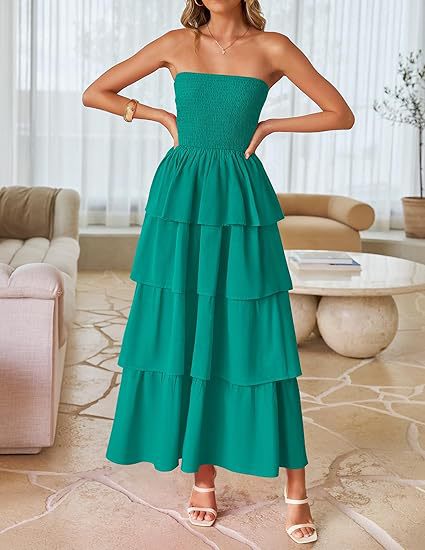Green Tube Smoked Dress With Ruffled Layers