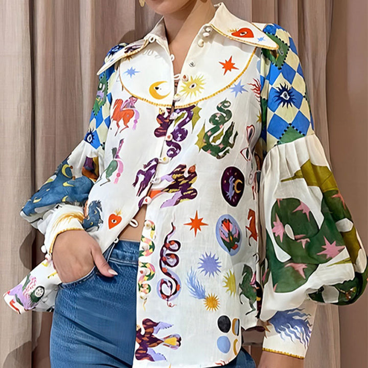 White Abstract Print Oversized Shirt