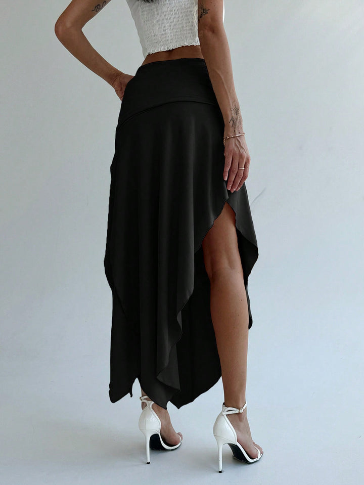 Black Waist Ruched Flared Skirt