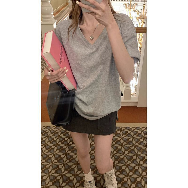 Grey V Neck Oversize Tshirt