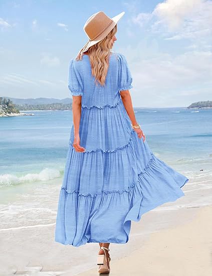 Light Blue Scoop Round Neck Printed Tiered Dress