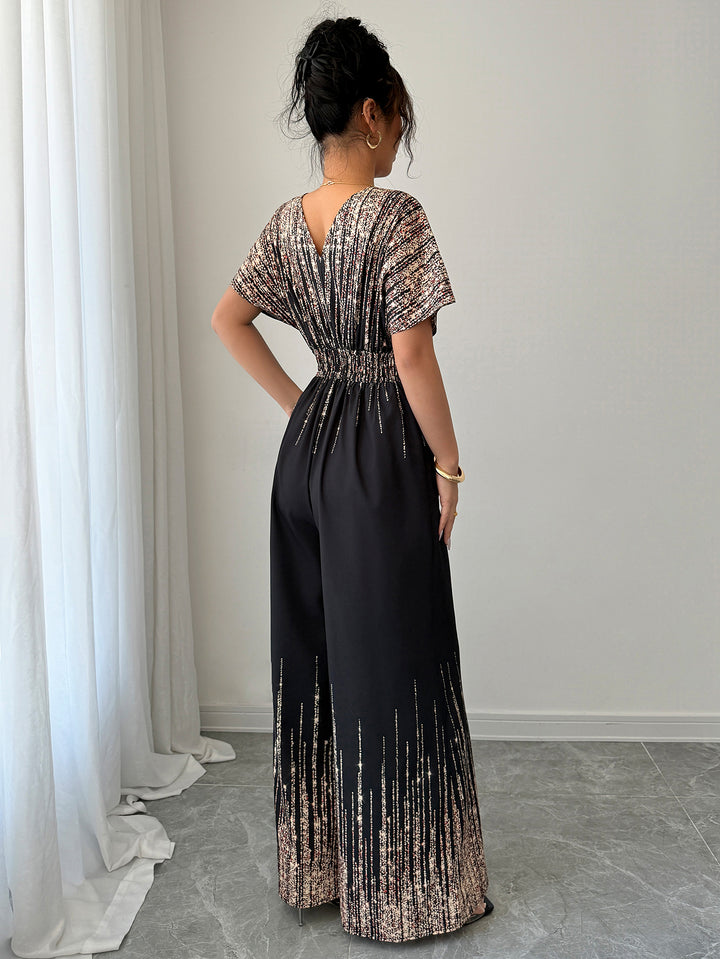 Black Shimmer Plunge Neck Jumpsuit