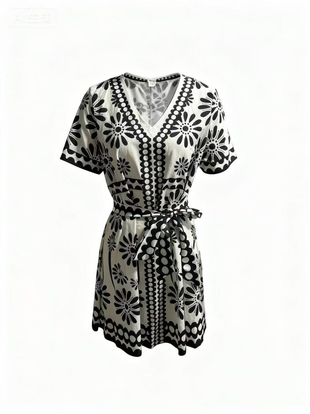 Black Short Sleeve Printed V Neck Dress