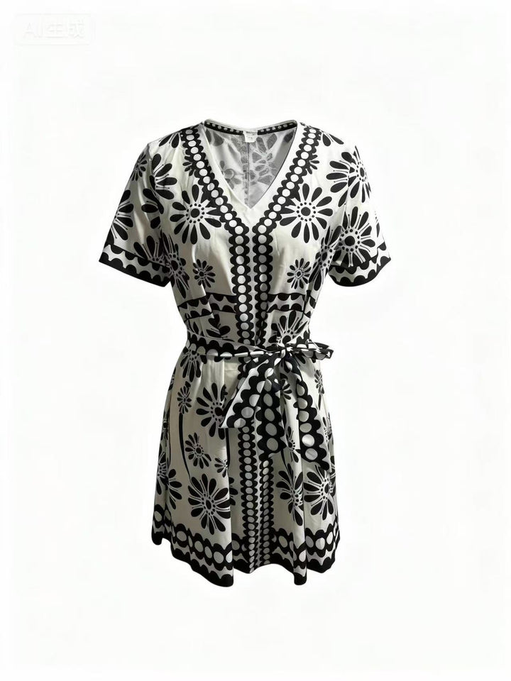 Black Short Sleeve Printed V Neck Dress