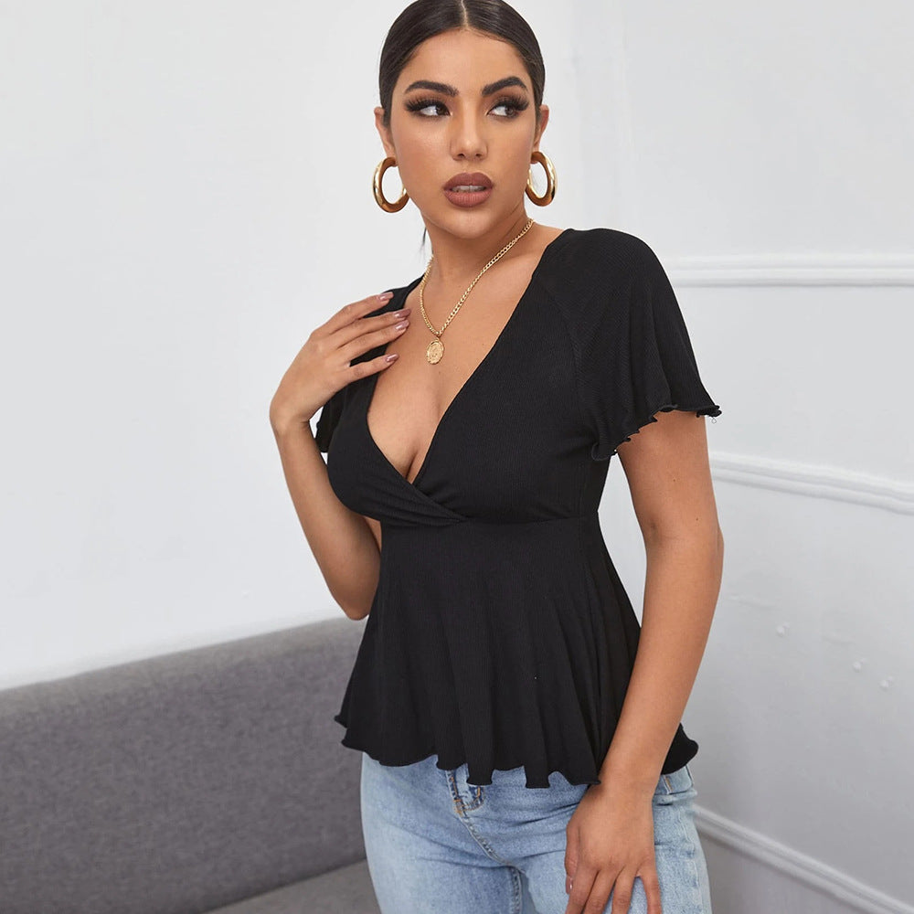 Black Flouncy Hem V-Neck Top