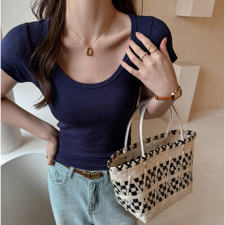 Navy Blue Scoop Neck Solid T-Shirt