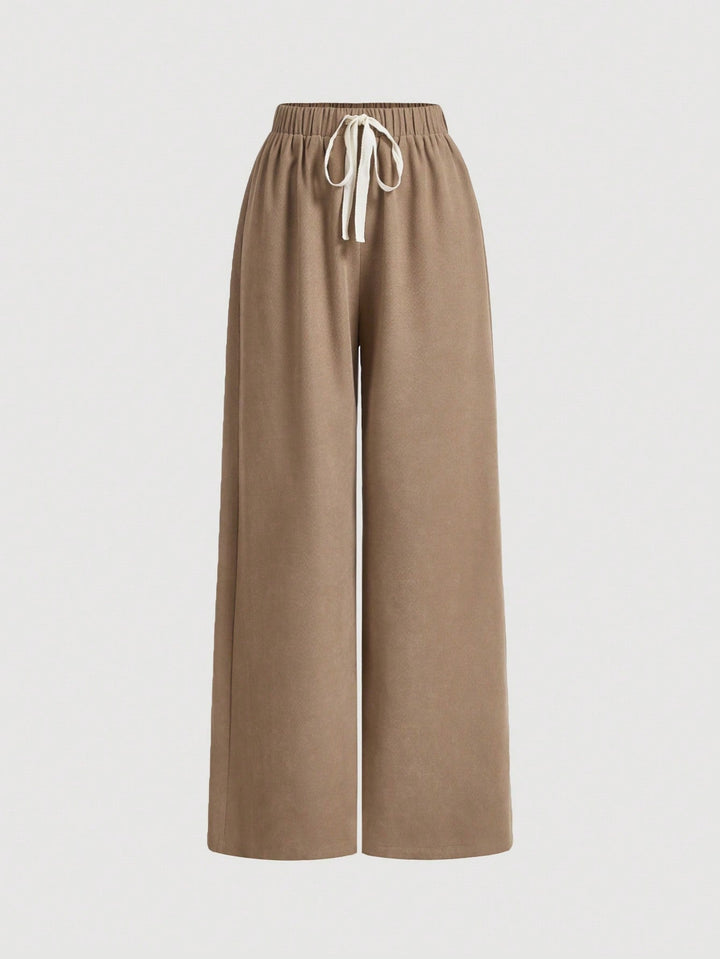 Brown High Waist Drawstring Wide Leg Trouser