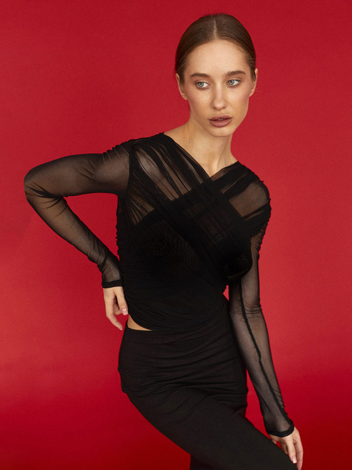 Black Cross-Wrap Ruched Long-Sleeve Top