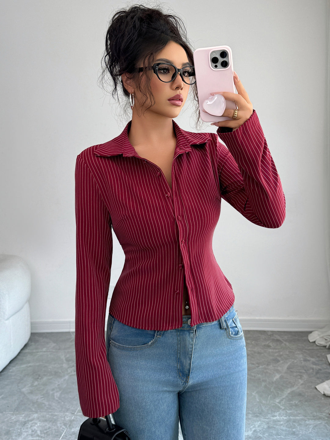 Wine Full Sleeve Collared Neck Front Buttoned Top
