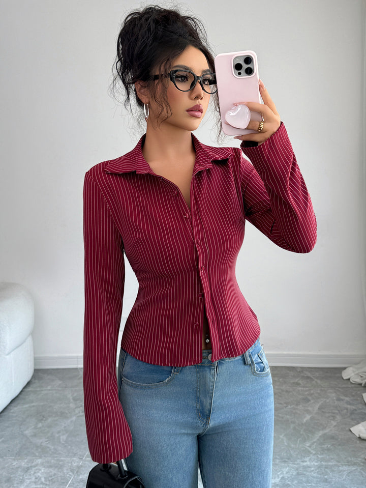 Wine Full Sleeve Collared Neck Front Buttoned Top