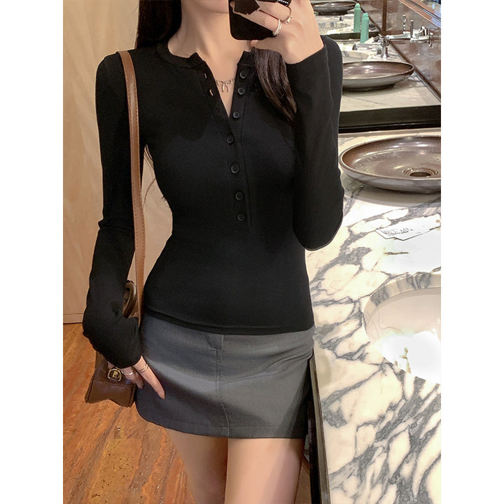 Black Front Button Down Fitted Top