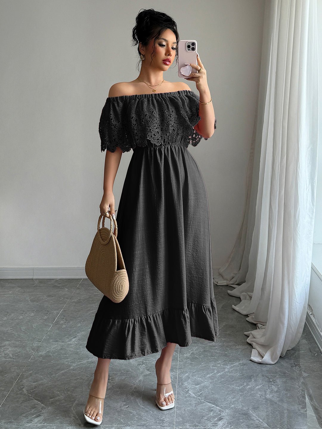 Black Off-Shoulder Ruffle Midi Dress