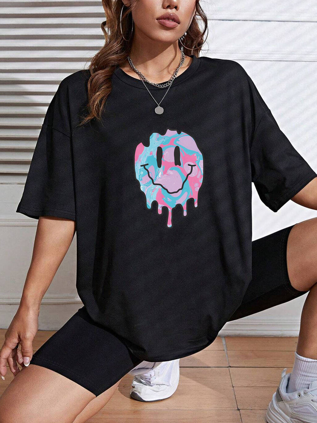 Black Smiley Chest Print Graphic Tshirt