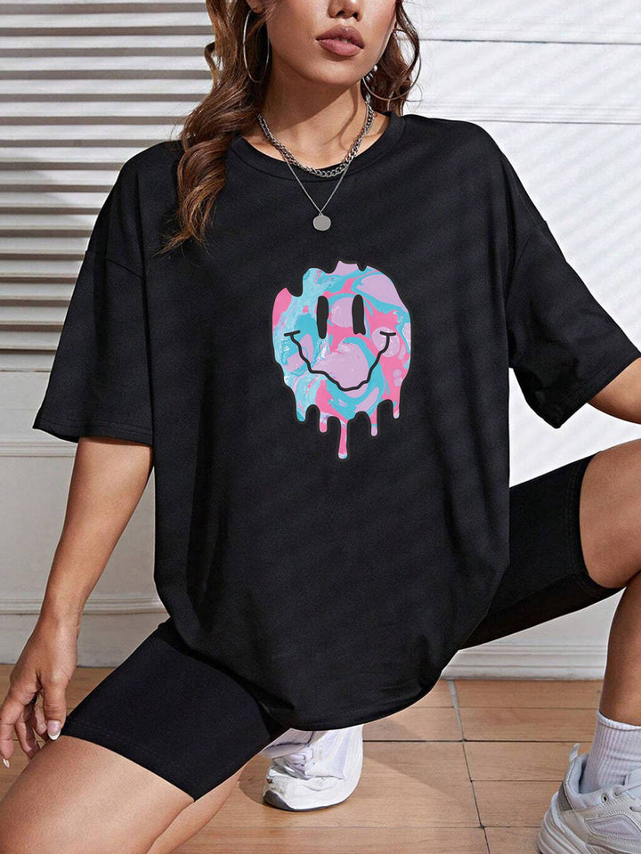 Black Smiley Chest Print Graphic Tshirt