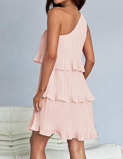 Pink One Shoulder Three Tiered Pleated Dress