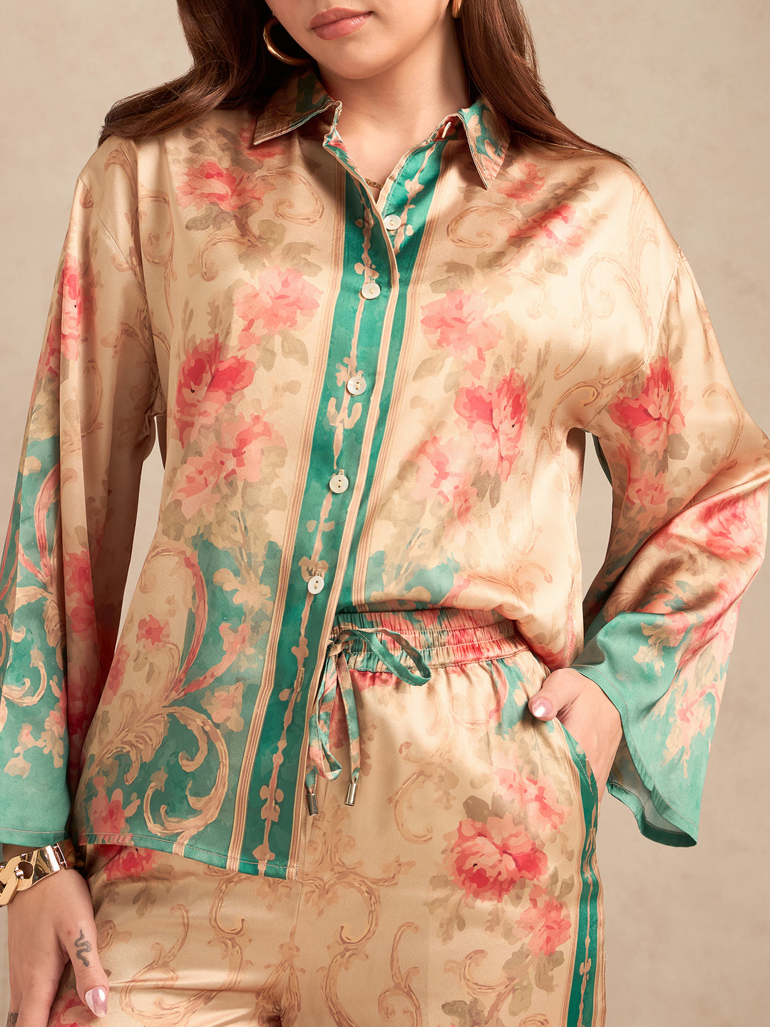 Peach Relax Fit Printed Satin Shirt With Wide Leg Trousers Set