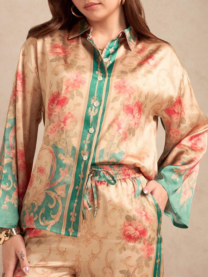 Peach Relax Fit Printed Satin Shirt With Wide Leg Trousers Set