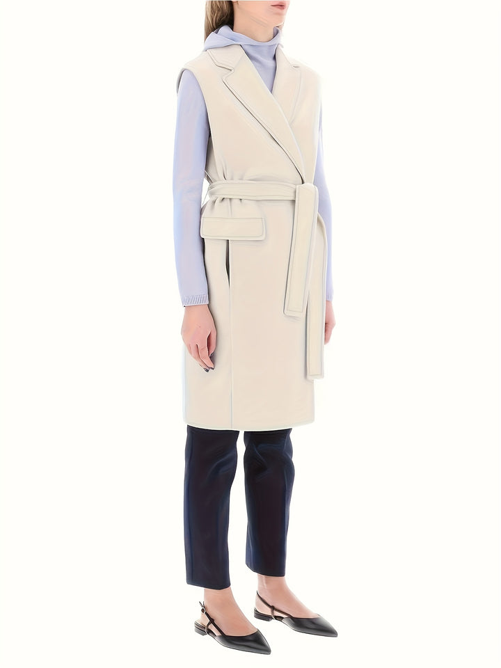 Beige Midi Length Winter Sleeveless Coat With Self Tieup Belt