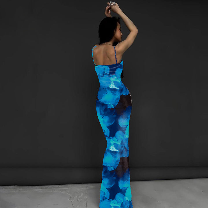 Blue Spaghetti Strap Printed Bodycon Dress