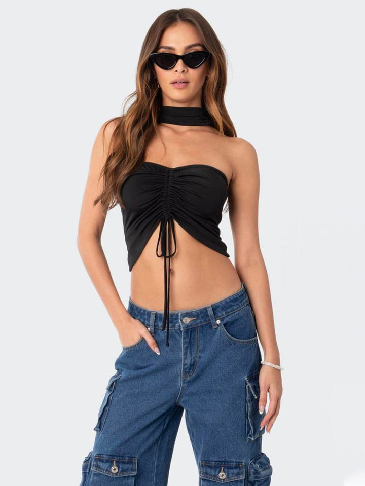 Black Choker Neck Front  Ruched Top