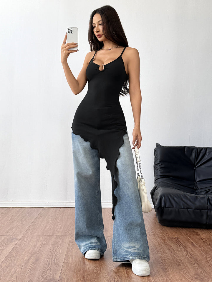 Black Shoulder Strap Metal Attached Asymmetrical Top