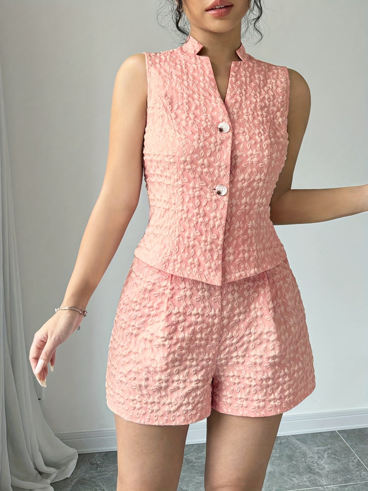 Pink Button Down Blazer Top And Shorts