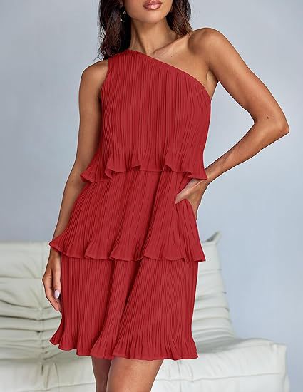 Red One Shoulder Three Tiered Pleated Dress