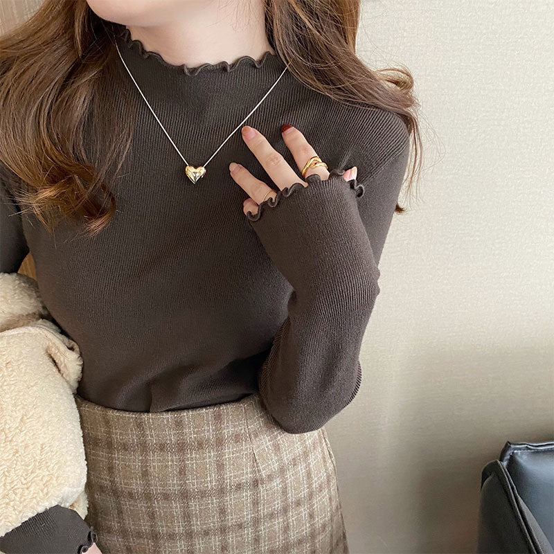 Charcoal Full Sleeve Scallop Hem Mock Neck Fitted Top