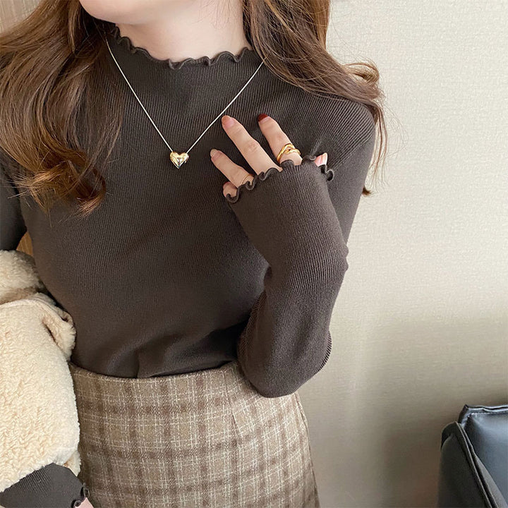 Charcoal Full Sleeve Scallop Hem Mock Neck Fitted Top