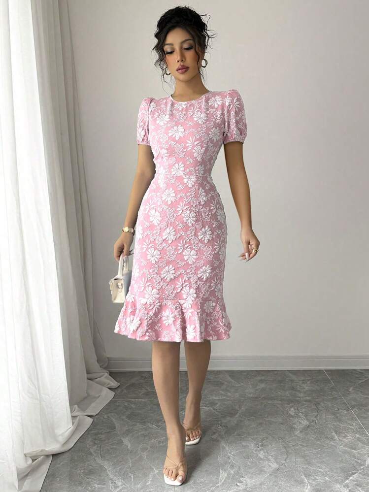 Pink Round Neck Ruffle Dress