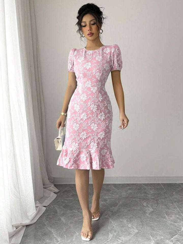 Pink Round Neck Ruffle Dress