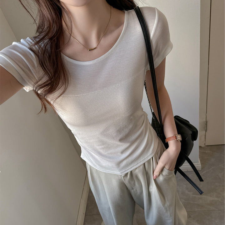 Off-White Wide Neck Solid T-Shirt