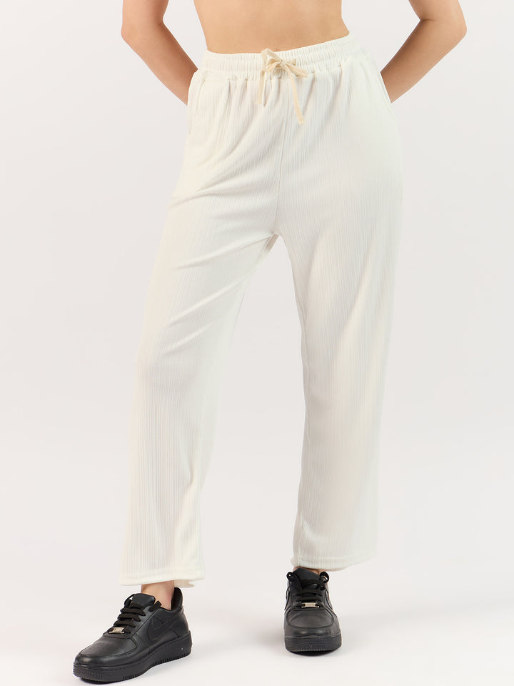 Solid White Textured Wide Leg Trouser