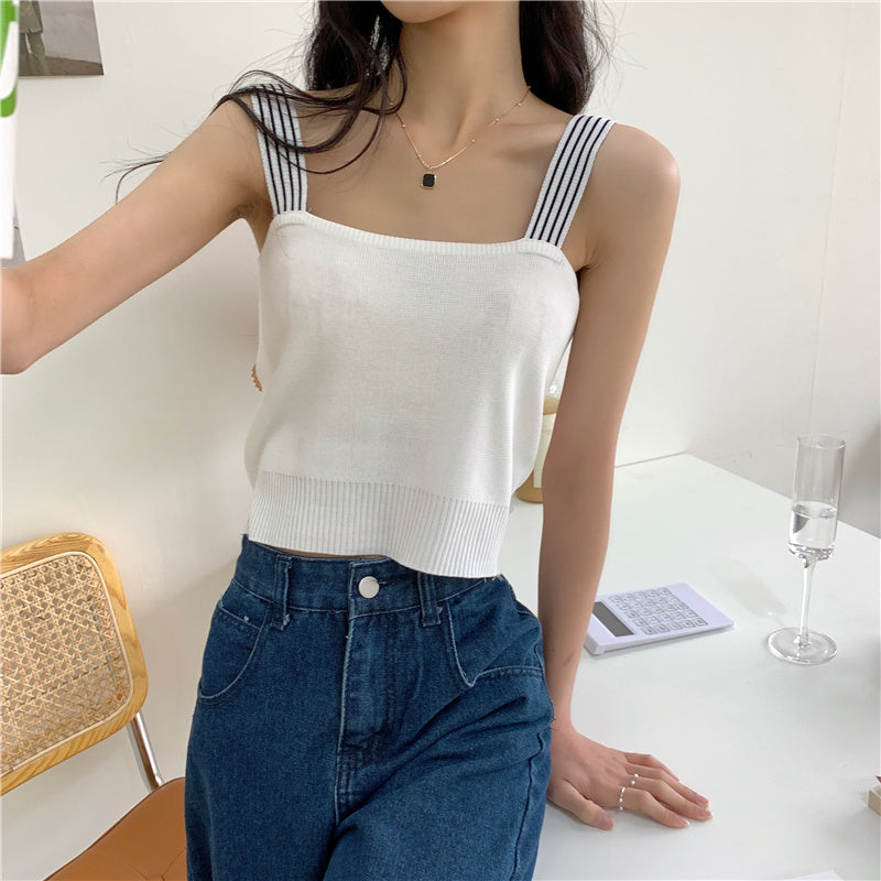 White Square Neck Top with Black Straps