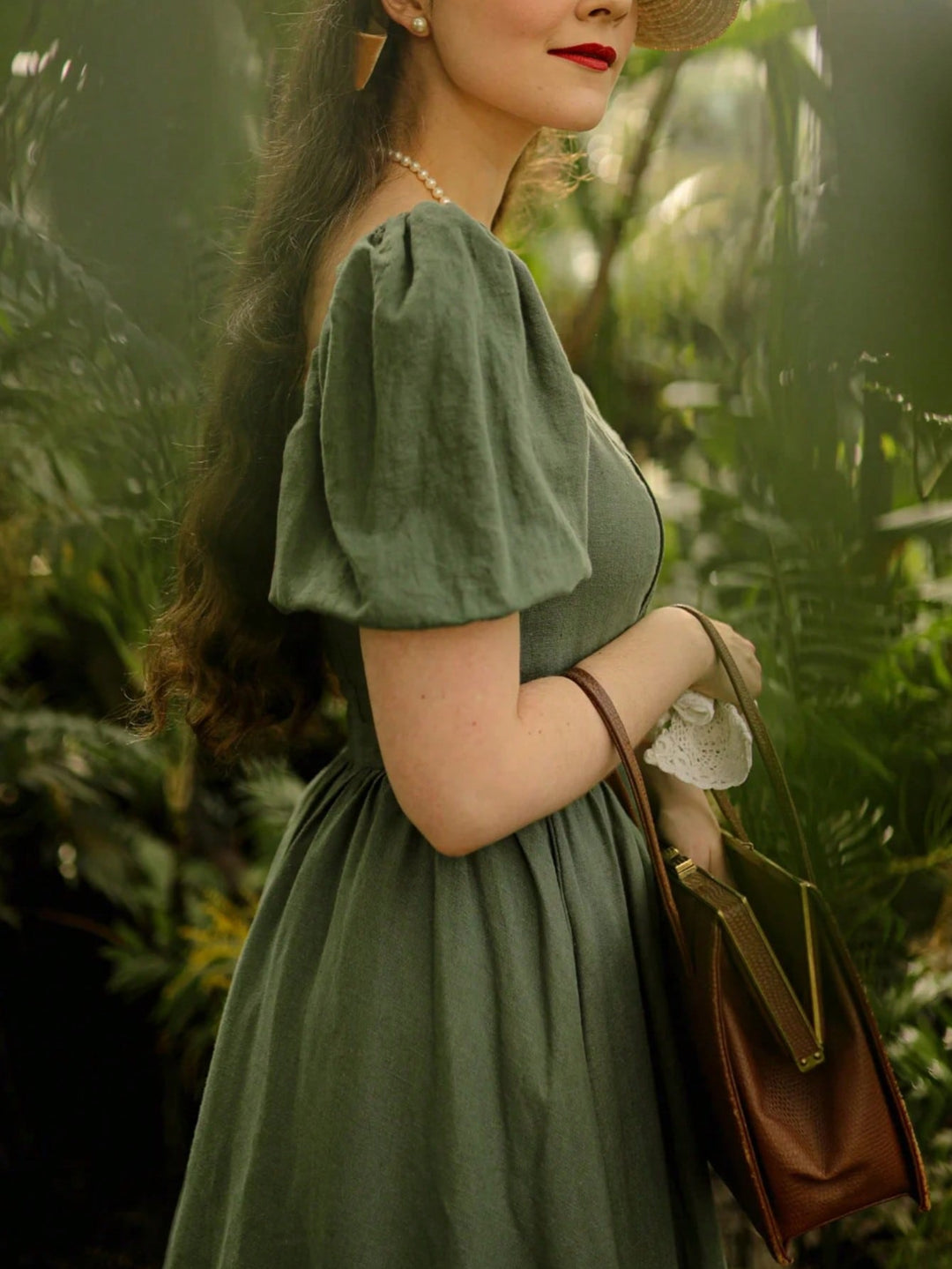 Olive Puff Sleeve Sweetheart Neck Dress