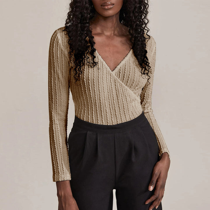 Khaki Textured Knit V-Neck Top