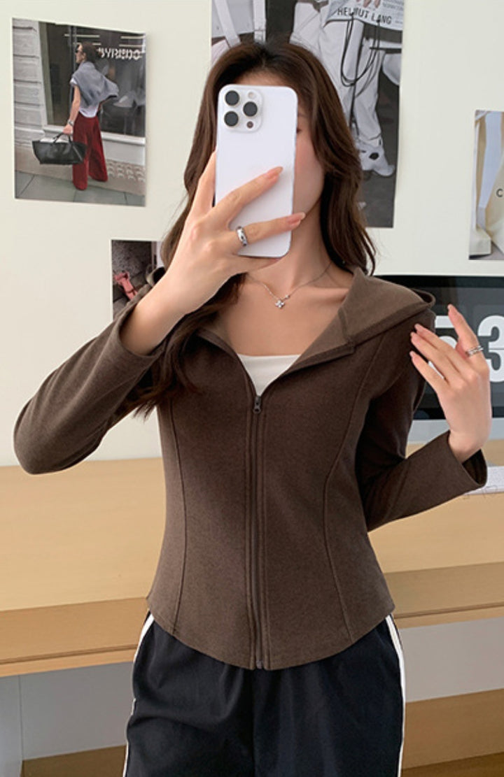 Brown Full Sleeves Front Zip Hooded Jacket