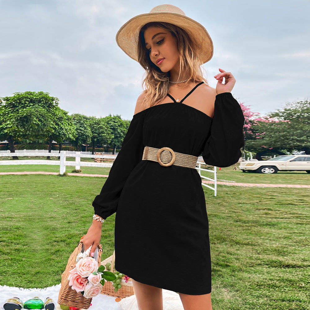 Black Cold Shoulder Bishop Sleeve Dress