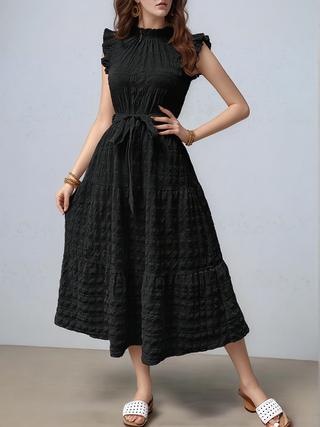 Black Short Ruffle Sleeve Mock Neck Dress
