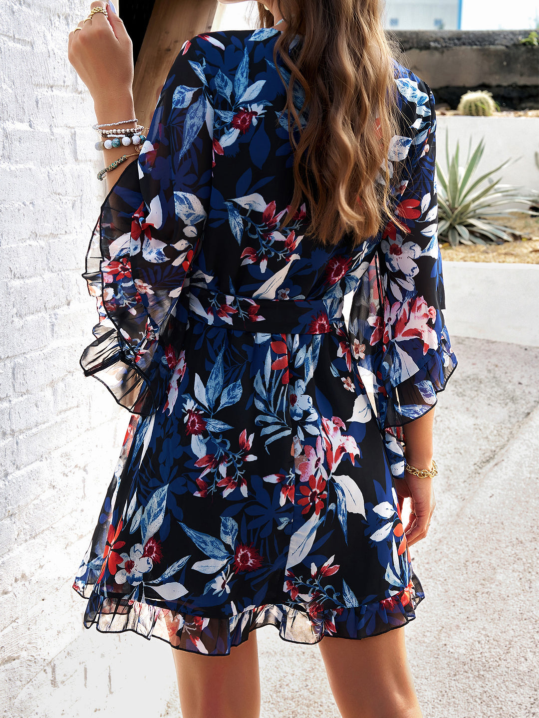 Black V-Neck Bell Sleeves Mini Dress