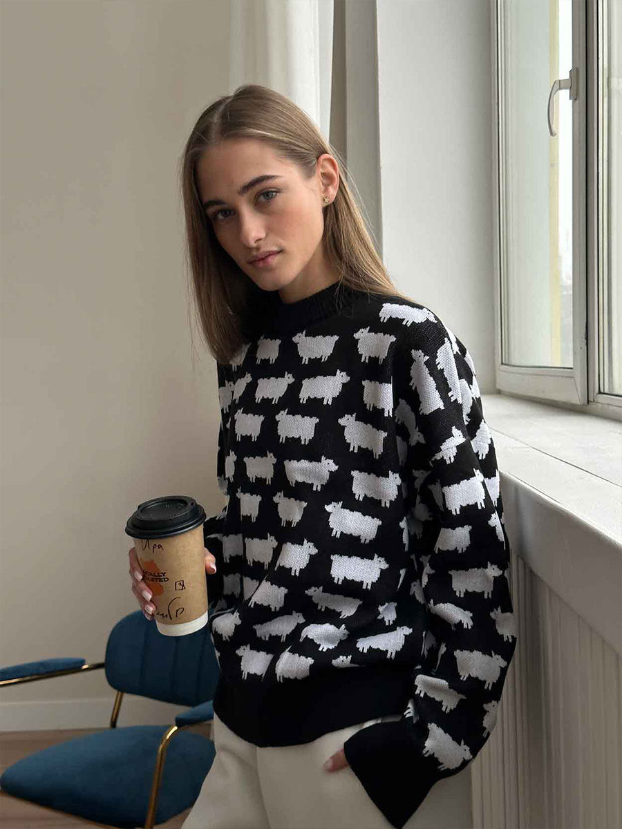Black Printed Relaxed Sweater