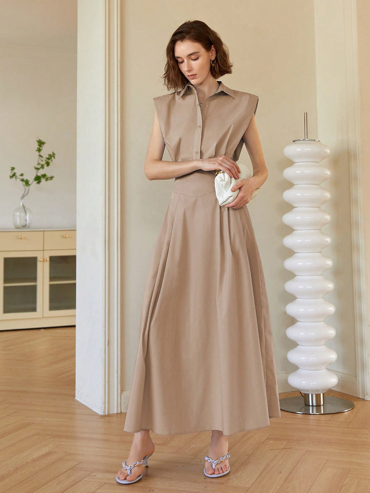 Brown Front Button Shirt Style Sleeveless Dress