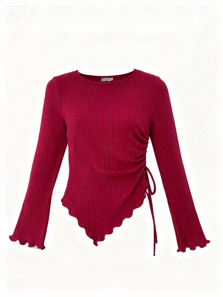 Wine Bell Sleeve Side Ruched Top