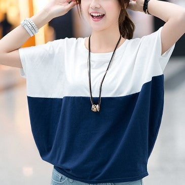 Navy Blue Colour Block Elasticated Hem T-Shirt