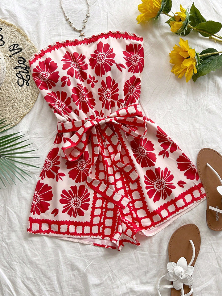 Red Printed Wrap Playsuits