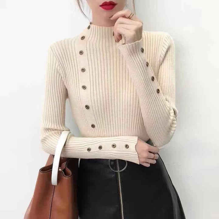 Off White Full Sleeve Button Trim Fitted Sweaters
